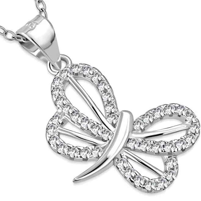 925 Sterling Silver Butterfly CZ Pendant Necklace