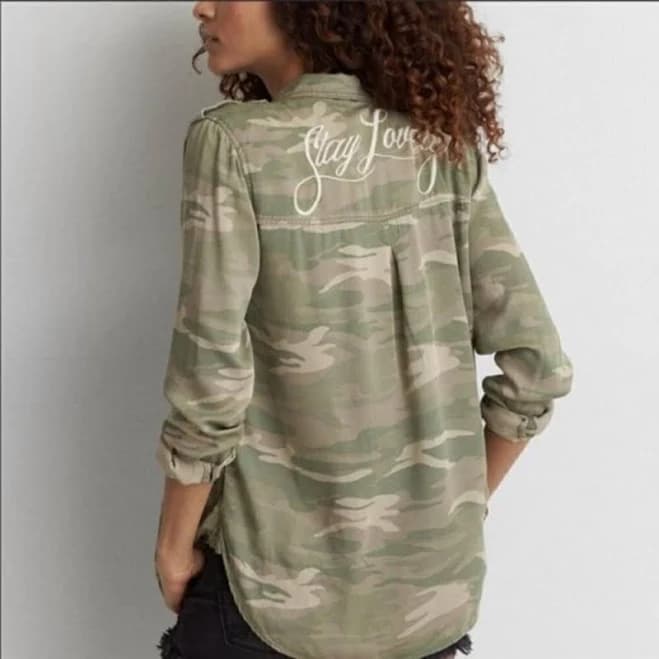 American Eagle Outfitters Tops | American Eagle Aeo Green Camo Stay Lovely Boyfriend Fit Button Down S | Color: Green | Size: S | Lilyavenue's Closet
