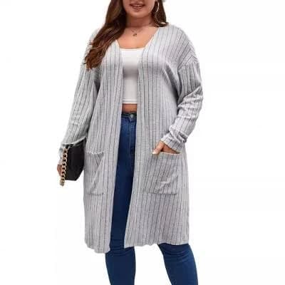 Women's Plus Size Ribbed Brushed Knit Open-Front Cardigan with Pockets