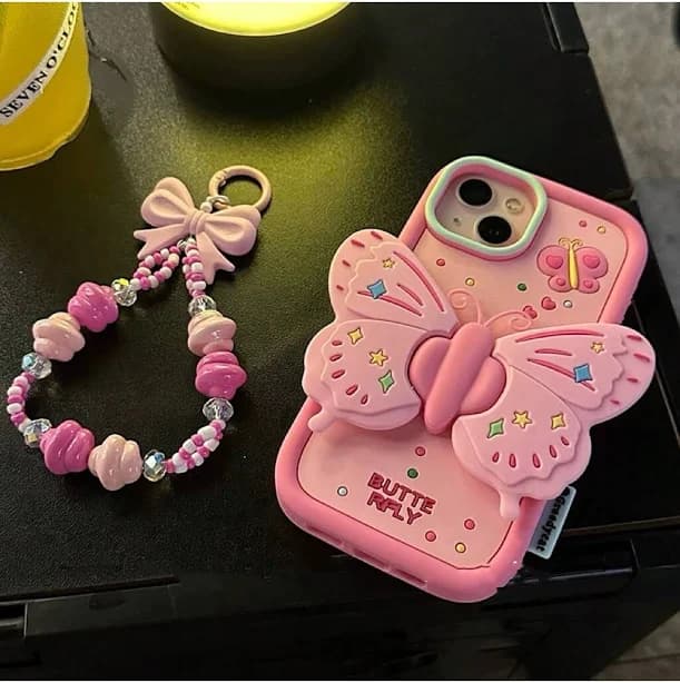 With Phone Charm 3D Cute Pink Butterfly Strap Stand Phone Case Compatible With IPhone 14, Compatible With Apple 12 Pro Max/11/13 Silicone Case, Female