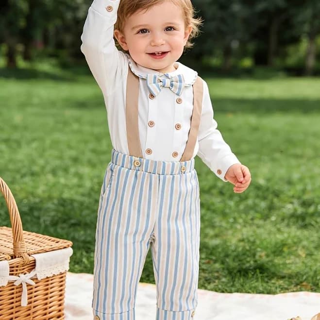 Baby Boy's First Birthday Party Outfit - Striped Romper & Bow Tie, Baptism outfit boy, Christening outfit for baby boy, Baby boy dress clothes