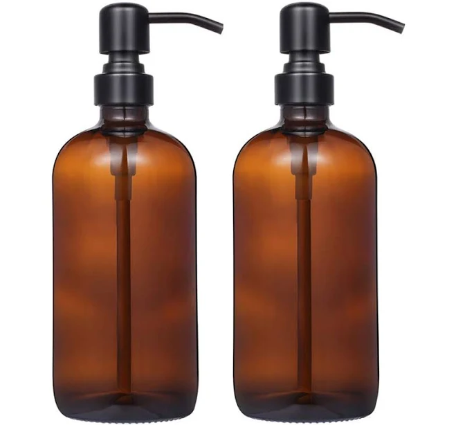 2 Pack Thick Amber Glass Pint Jar Soap Dispenser with Matte Black Stainless Steel Pump