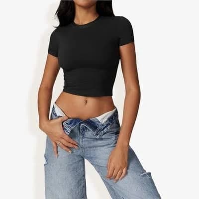 Anna-Kaci Women's Stretch Fit Crew Neck Short Sleeve Crop Top