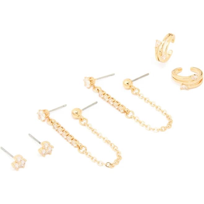 Lovisa Gold Plated Brass Cubic Zirconia Chain Earrings & Ear Cuffs 3-Pack