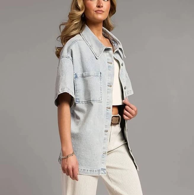 BKE Women's Cotton Washed Denim Stretch Shirt with Buckle