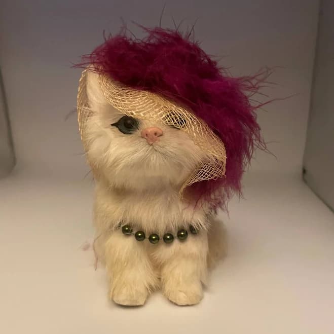 Vintage Stuffed Toy White Rabbit, Fur Cat Collectible Kitty Feathers