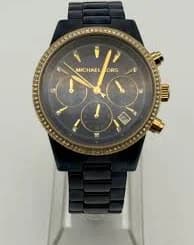 Michael Kors MK-6278 Ritz Chronograph Gold Tone Diamond Bezel Case w/ Blue Dial Ladies Wrist Watch