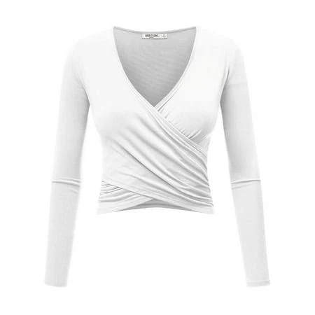 Made by Johnny Women's Deep V Neck Long Sleeve Cross Wrap Fitted Crop Top