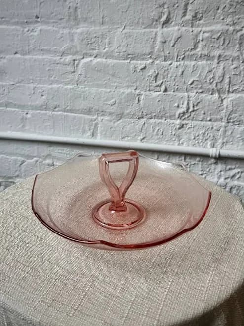 Depression Era Scalloped Edge Floral Etched Pink Glass Serving Bowl