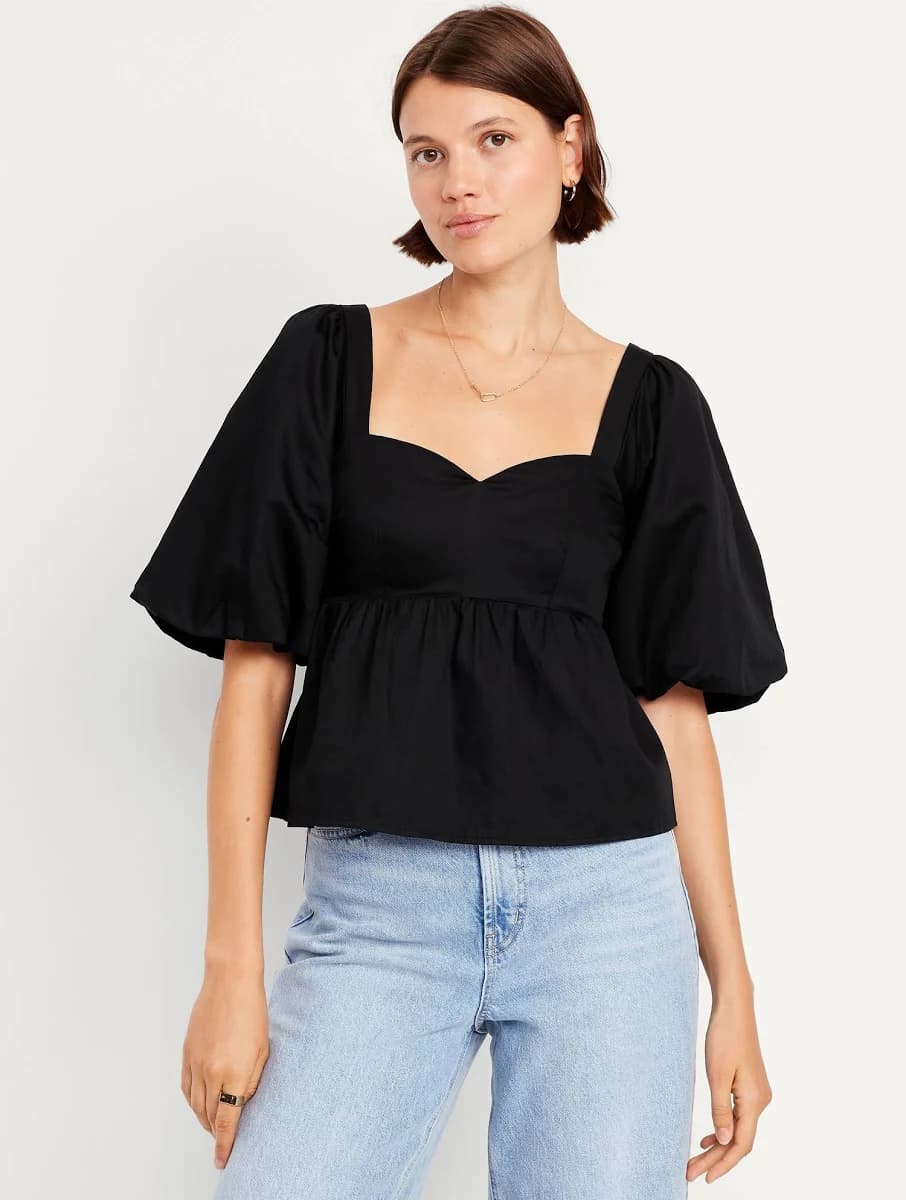 Women's Puff Sleeve Plaid Gingham Ruffle Sweetheart Neck Peplum Shirt Top Blouse
