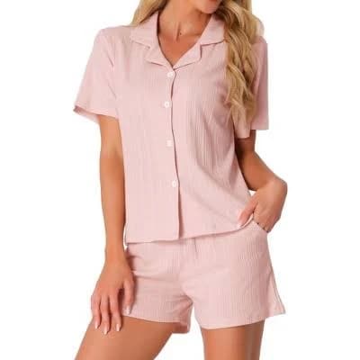 Inspire Chic Women's Cotton Button Down Notch Collar Pajamas Set with Pockets
