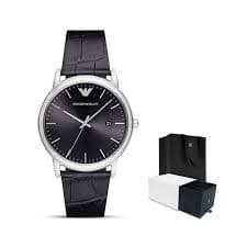 Emporio Armani Luigi Quartz Black Dial Black Leather Strap Watch For Men