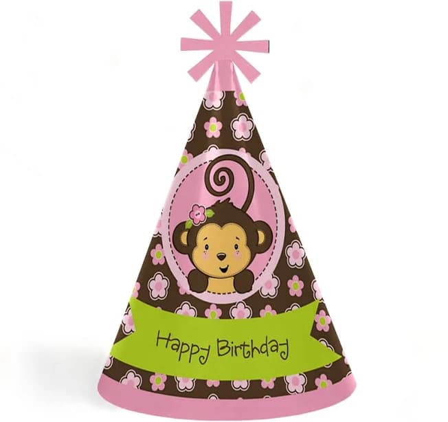 Big Dot of Happiness Pink Monkey Girl Cone Happy Birthday Party Hats