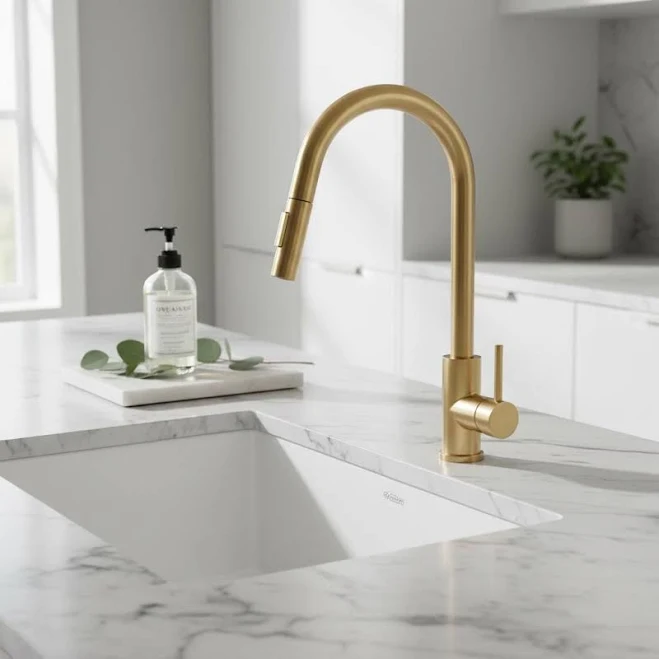 Brushed Gold Gooseneck Faucet | Modern Pull Down Kitchen Tap | Single Handle Brass Fixture