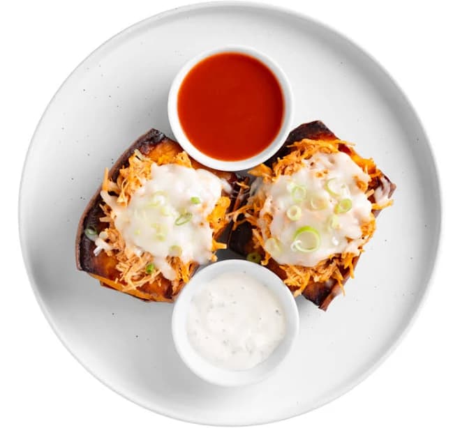 Fitrition Meal Delivery | Buffalo Chicken Stuffed Sweet Potato Skins