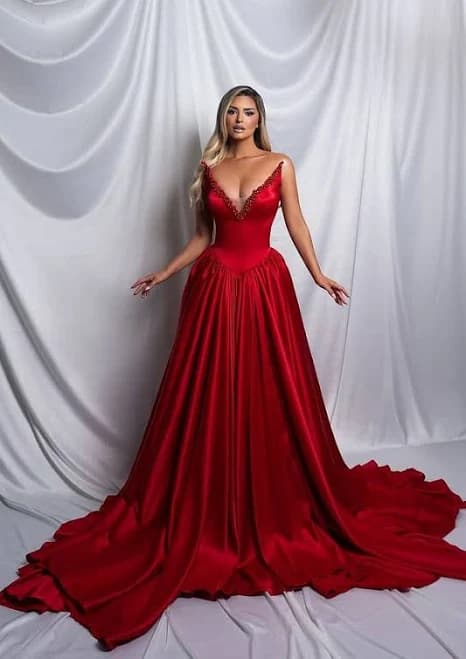 V-Neck Strapless A-Line Satin Prom Dress with Pearls and Pleats