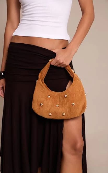 PrettyLittleThing Women's Faux Suede Gold Studded Shoulder Bag