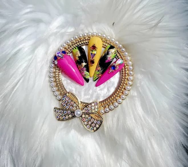 Pink, Yellow And Black Jewel Medium Stiletto Luxury Press-On Nail Set "Fiesta Time"