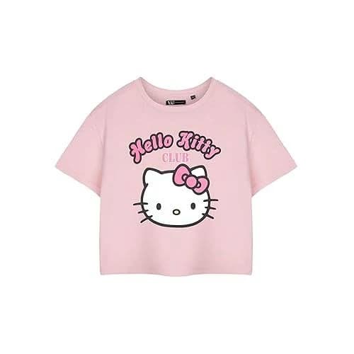 Hello KittyWomens Pink Cropped Short-Sleeved T-Shirt | Club Graphic Tee for Ladies | Girls Pink Top Merchandise for Her