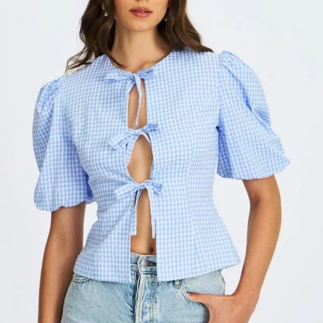 Miss Circle Women's Qusayla Gingham Bow Tie Front Puff Sleeve Top