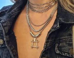 Layering Chunky Silver Chain Necklace, Multi Layer Silver Necklace for Her, Silver Open Rectangle Pendant Necklace - Etsy Israel
