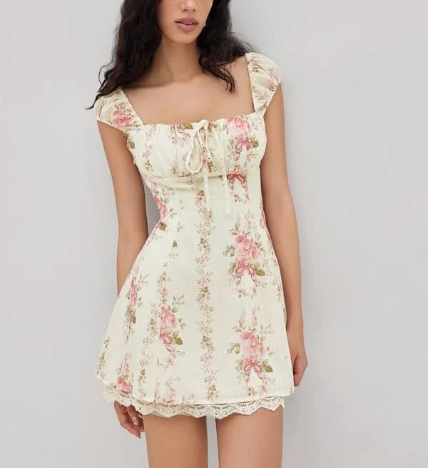 CIDER Women's Breathable Structured Square Neck Adjustable Waist Floral Mini Dress