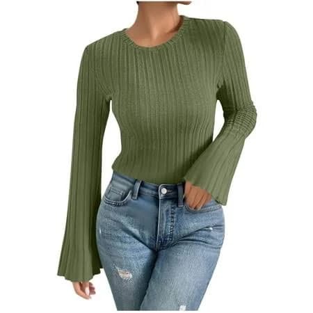 Women's Slim Fitted Long Bell Sleeve Rib-Knit Sweater