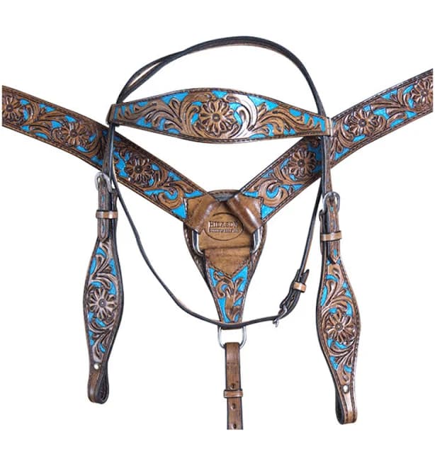 HILASON Roughout Dark Brown Western Horse Leather Headstall & Breast Collar Set Floral Brown