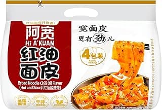 Akuan Sichuan Spicy Red Chili Oil Wide Noodles, Non-Fried Instant Chinese Ramen, 4.05oz per Bag, 4 Pack (1 Pack, Sour & Hot)