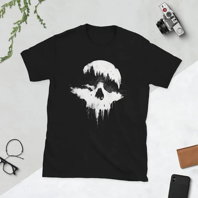 Edgy and Stylish Apparel Unisex Gothic Forest Skull Graphic Short-Sleeve T-Shirt