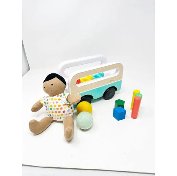 Lovevery Toys | Lovevery Wheel Around Town Bus Organic Cotton Baby Doll Felt Ball Set Wooden Peg | Color: Blue/Tan | Size: Osbb | Pm-19483925's Closet