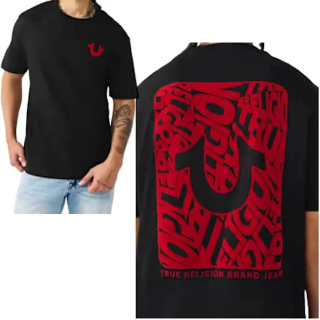 true religion shirt, red horseshoe streetwear graphic t shirt bold typography back print tee urban hip hop style shirt oversized street fashion tee