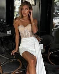 BaoWw Strapless Mini Wedding Dresses for Women Sweetheart Short Lace Satin Wedding Gowns Boho Bridal Prom Dress A-Ivory at Amazon Women's Clothing store