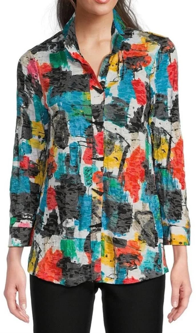 Ali Miles Women's Plus Size Printed Knit Button Front Tunic with Wire Collar with Three Quarters Sleeves