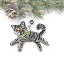 Handmade Tabby Cat Ornament: Polymer Clay, Holly Collar