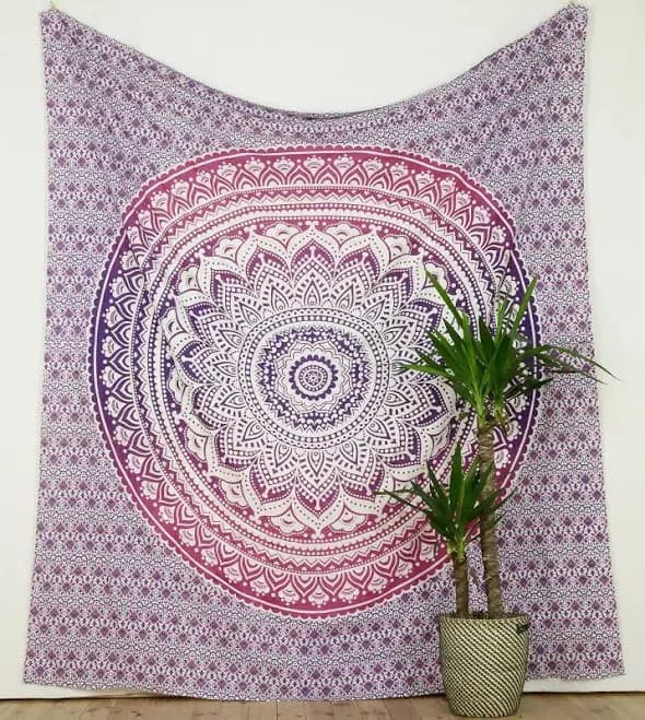 Indian Mandala Tapestry Wallhanging Ombre purple pink white bohemian gipsy bedcover beachthrow