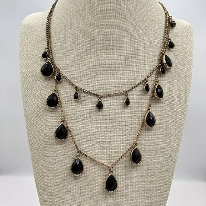 Vintage 90s Multi Layer Black Crystal Teardrop Necklace Gold Tone