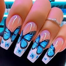 24pcs Blue Gradient Press on Nails Finished Golden Flower Coffin False Nail Tips Long Ballet Fake Nail with Pearl Design Nails - AliExpress 66