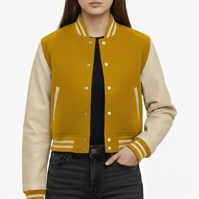 Varsity Letterman Yellow Wool & Cream Cowhide Leather Sleeves Bomber