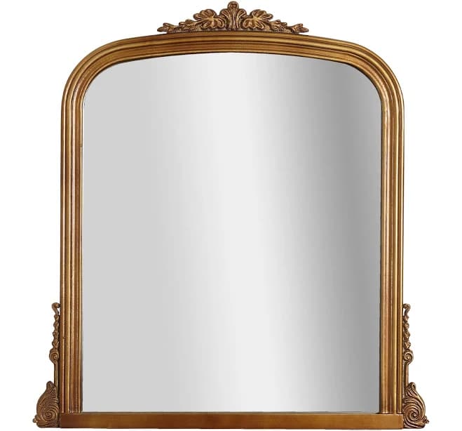 Brushed Gold Wood Ornate Vintage-Inspired Decorative Accent Wall Mounted Rectangle Mirror