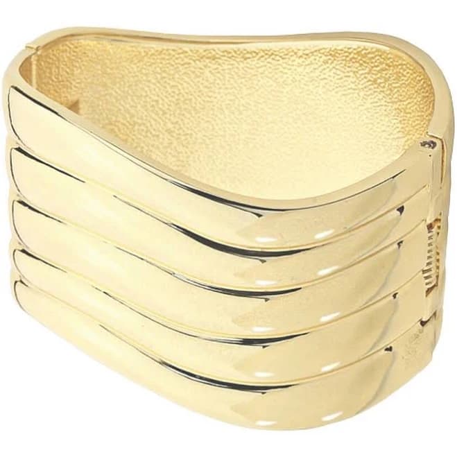 Wide Ribbed Gold-tone Bangle Bracelet Wavy Edges Oval Shaped Hinged