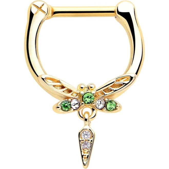 Body Candy 16g Stainless Steel Swank Dragonfly Dangle Cartilage Nose Ring with Green