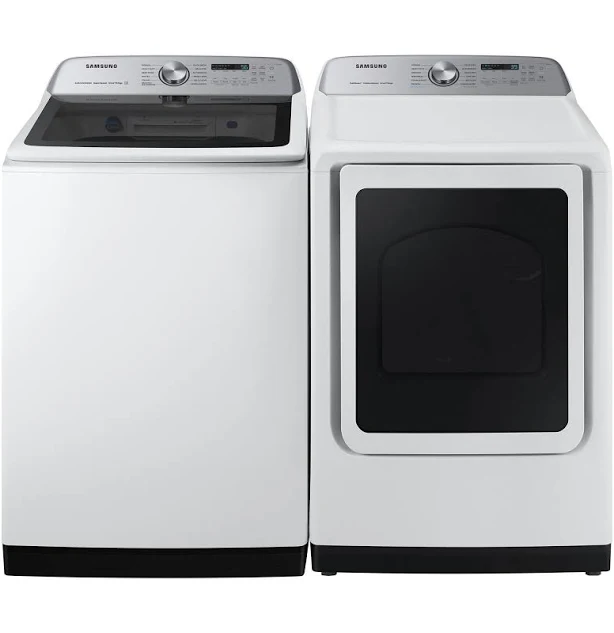 Samsung 5.2 Cu. Ft. Large Capacity Smart Top Load Washer and 7.4 Cu. Ft. Smart Electric Dryer Laundry Pair in White