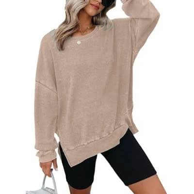 Women's Oversized Waffle Knit Crewneck Sweatshirt with Side Slits