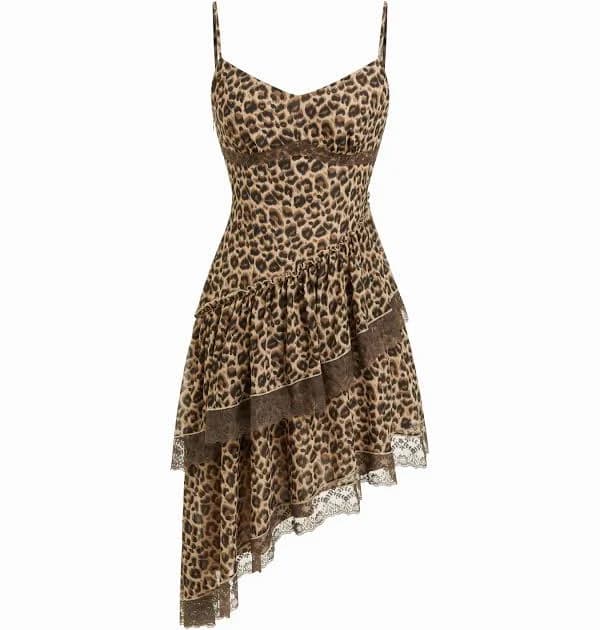 Chiffon Leopard Print V-Neck Lace Trim Midi Dress