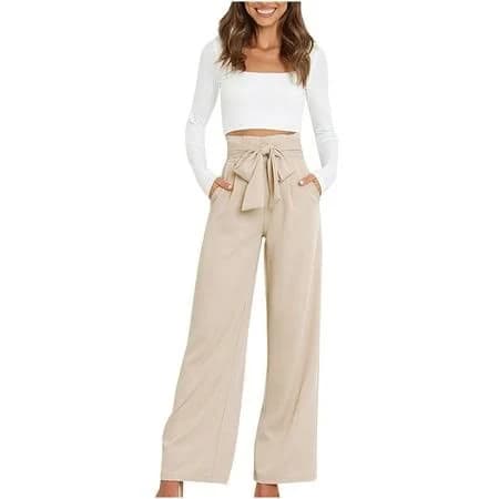 Women's High-Waisted Pleated Front Straight Wide Leg Trousers with Tie Belt