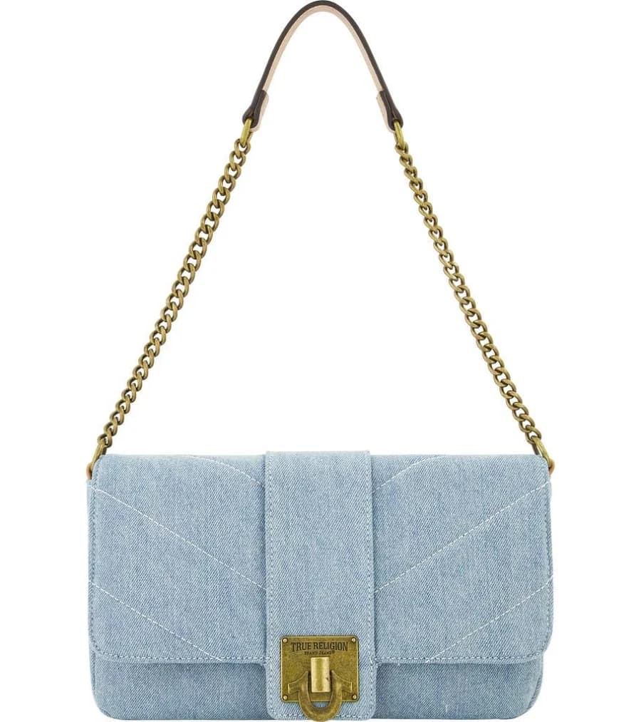 True Religion Women's Denim Flap Bag with Brass Hardware