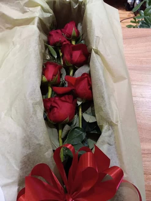 6 red or hot pink roses boxed or hand tied