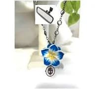 Car Rearview Mirror Charm 30mm BLUE Plumerias (2), Round Crystal Cross Pendant, Angel Charm on Plated Gunmetal Glass Beads Chain