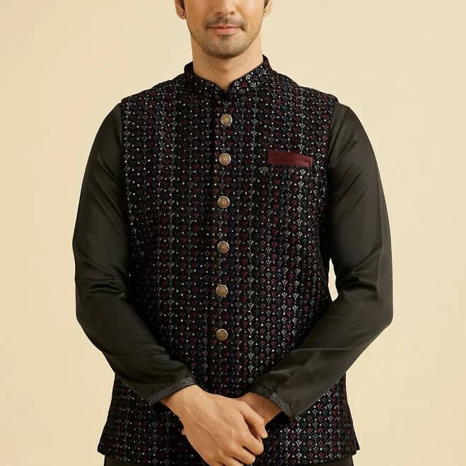 Manyavar Men's Extravagant Velvet Nehru Jacket